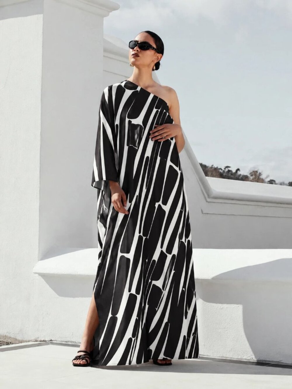 Diarrablu Satu One-Shoulder Maxi Dress Black and White Abstract Print-Small,NWT